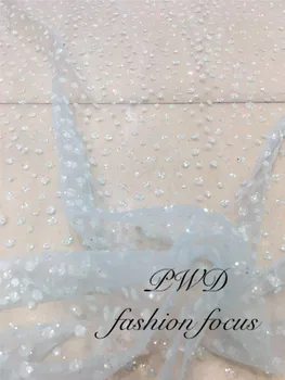 

Light blue embroidered lace French tulle lace fabric for sexy dress african net lace fabric with glitter sequins