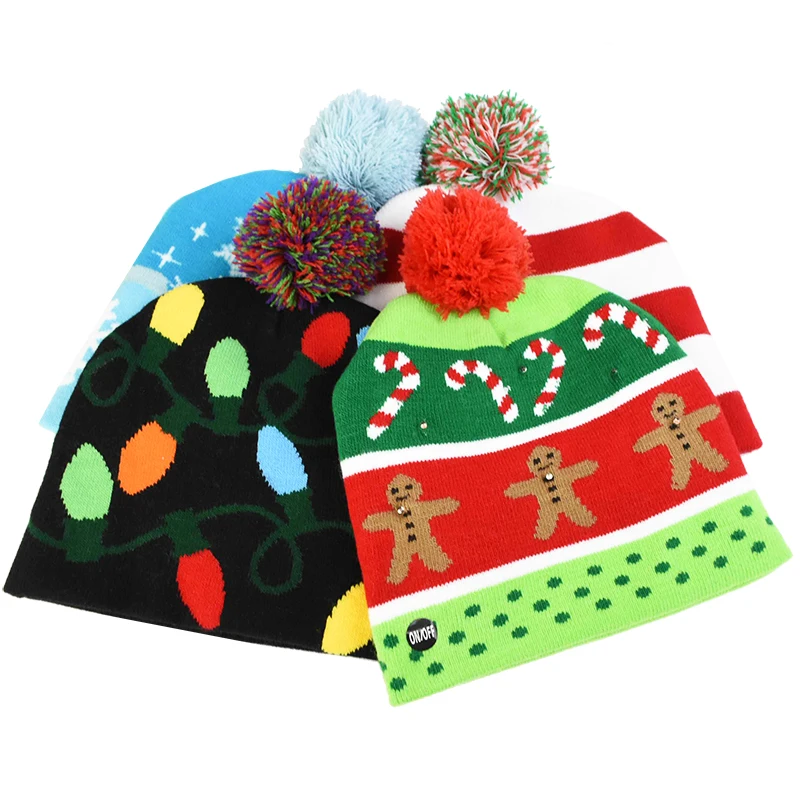 1Pc LED Christmas Hats Sweater Knitted Beanie Christmas Santa Light Up Winter Hat for Kids Adults Party Warmer Cap