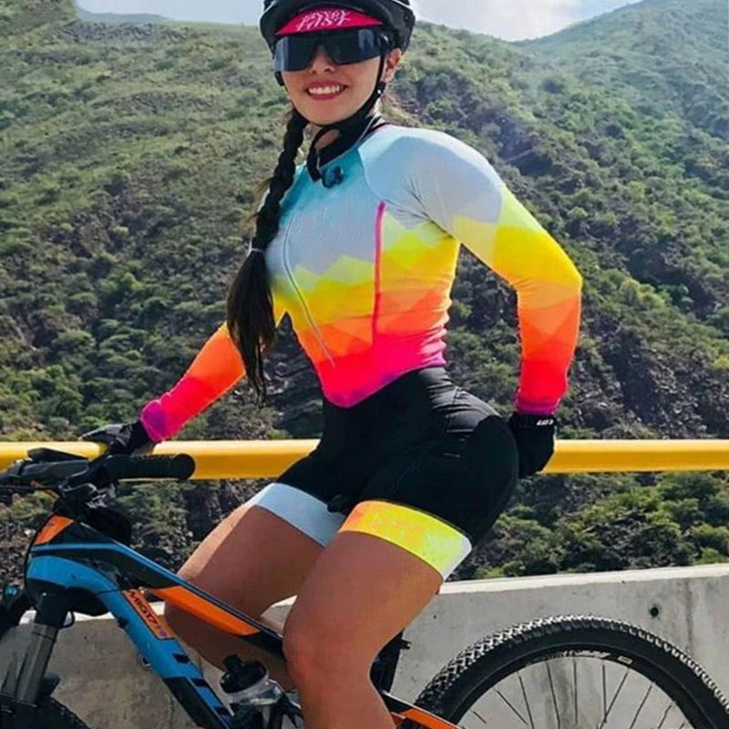 

Pro Team Triathlon Set Women's Cycling Jersey One Piece Jumpsuit Short Sleeve Macaquinho Ciclismo Feminino Set Gel Pad