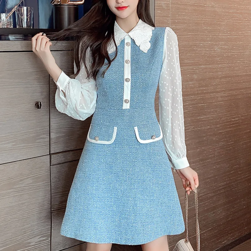 

Luxury Runway Design Mini Woman Dress Autumn Long Sleeve Patchwork Woolen Tweed Dress Korean Vintage Christmas Party Dress Robe