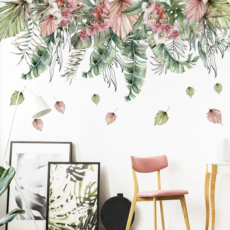 BRUP Watercolor Green Leaves Tropical Plants Wall Stickers for Living Room Bedroom Corner Decals Pink Leave PVC | Дом и сад