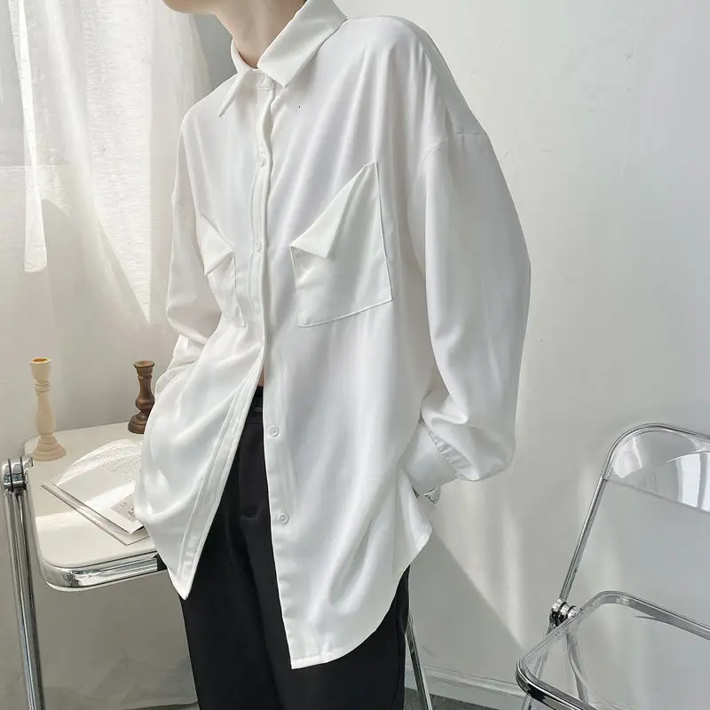 

2021 Men's Loose Pocket Decoration Camisa Masculina Long Sleeve White Shirt High Quality High Grade Fabric Shirts Size S-XL