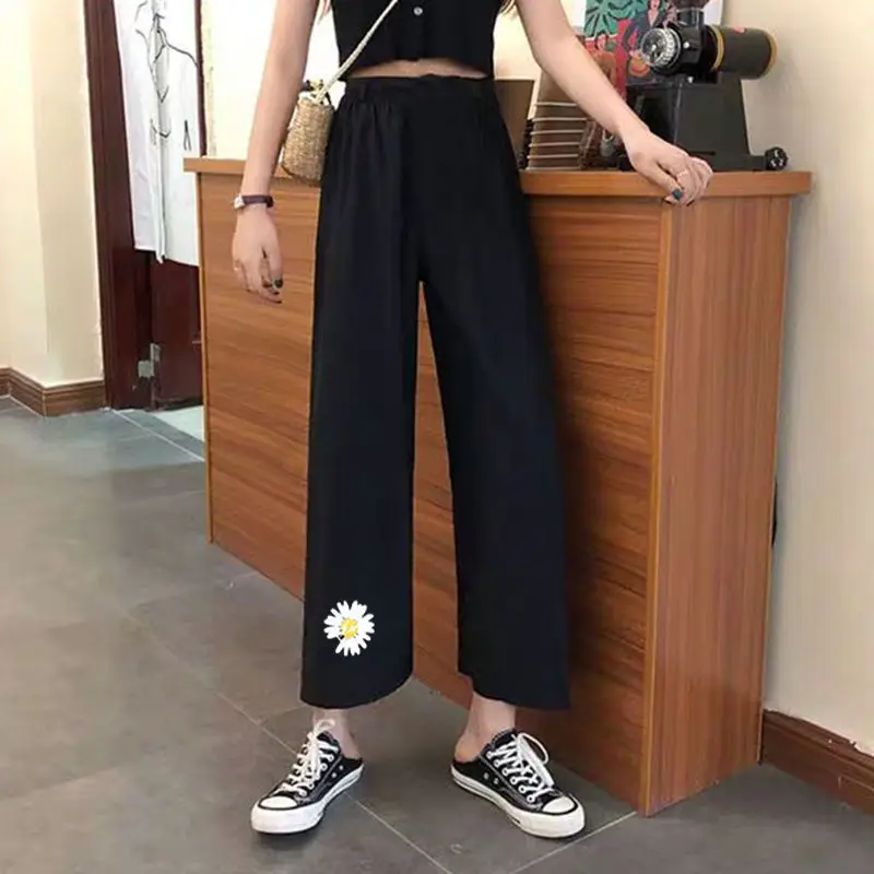 Spring Autumn New Printed Wide Leg Pants Women Korean High Waist Straight Casual Pants Female Students Cropped Black Pants