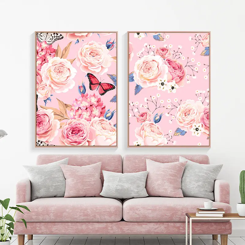Watercolor Pink Peony Flower Butterfly Canvas Wall Art Print Scandinavian Style Painting Poster For Girl Bedroom Home Decoration | Дом и сад