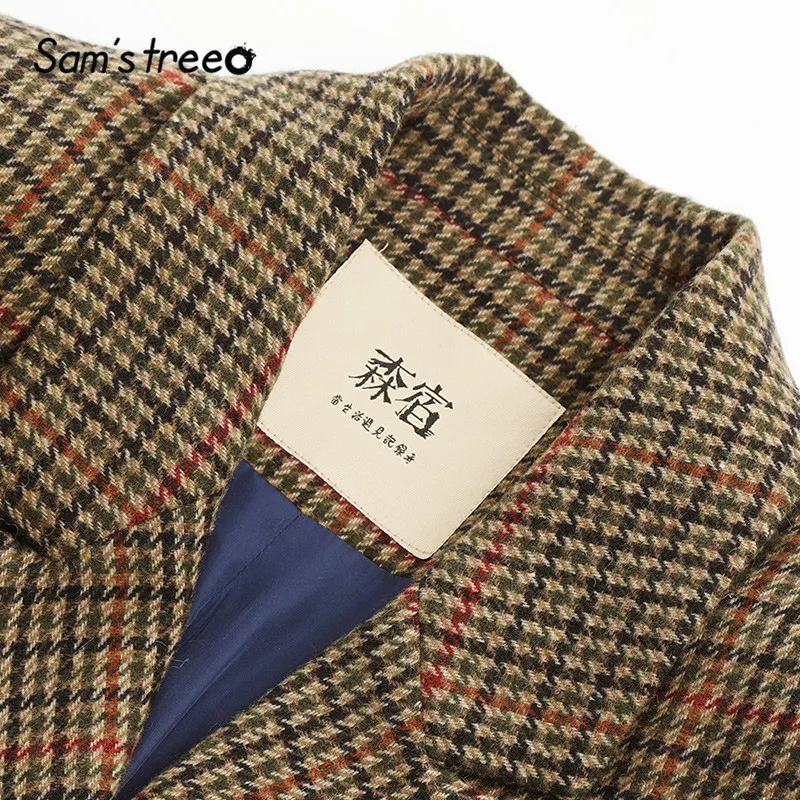 incredible  SAM'S TREE Plaid Button Front Brit Graphics Women Coat 2019 Autumn Long Sleeve Belt Casual Korean B