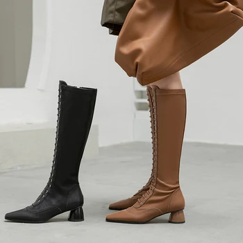 

Women's knee-high boots natural leather long-tube motorcycle boots motorcycle boots Thin knight high boots net red calf boots