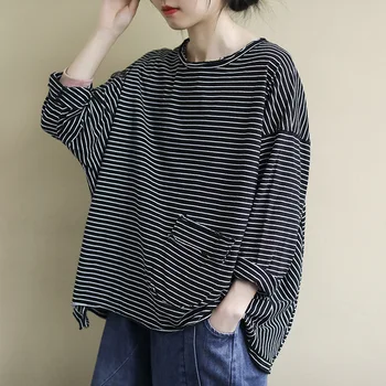 

2020 SpringFashion Ladies Striped Tee Shirts Womens Oversized All Match Tshirts Casual Loose Cotton Tops Long Sleeve SA360S50
