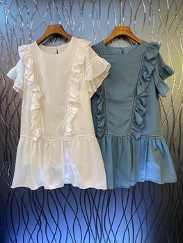 

2020 Spring and Summer New Women's round Neck Irregular Wooden Ear Stitching Decorations Short Sleeve Solid Color Dress 638