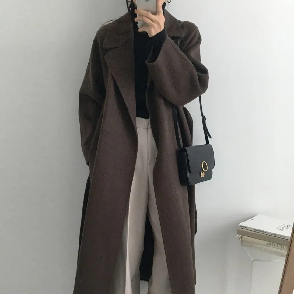 Women's Jacket 2021 Autumn and Winter Long Wool Coat with Belt Solid Color Long-Sleeved Chic Slim Down Shoulder Coat long puffer jacket