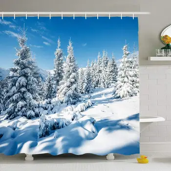 

Shower Curtain Set with Hooks 66x72 Sky Xmas Majestic White Ski Breathtaking Russia Spruces Glowing by Sunlight Nature Parks
