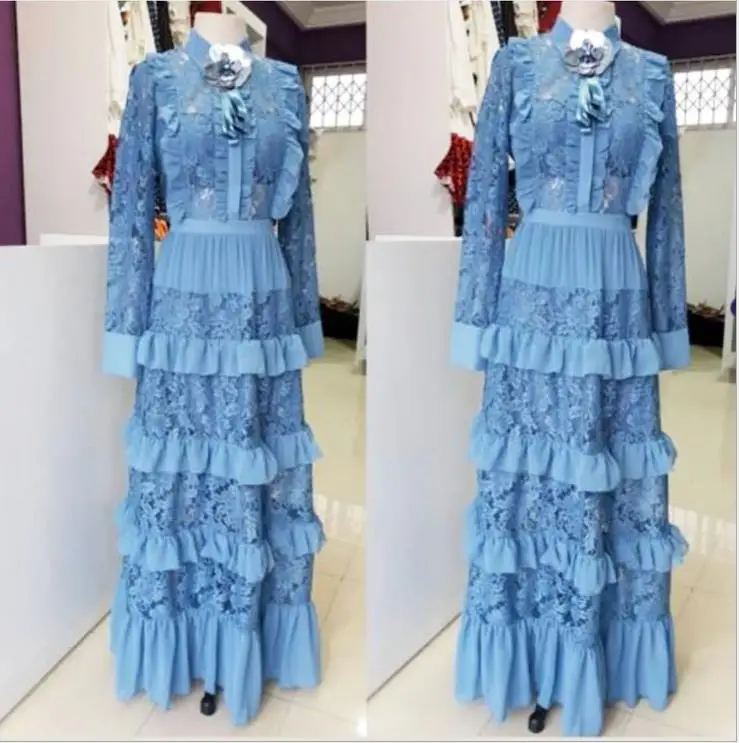 Большой размер стиль классический Африканский женский Дашики Мода Кружева гриб край прострочка длинное платье - Цвет: Небесно-голубой