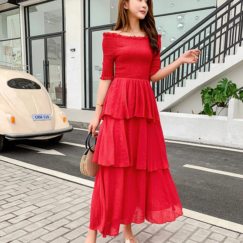 

2019 Summer Wear New Style Korean-style off-Shoulder Short Sleeve Cake Dress Dress WOMEN'S Dress over-the-Knee Long Skirts