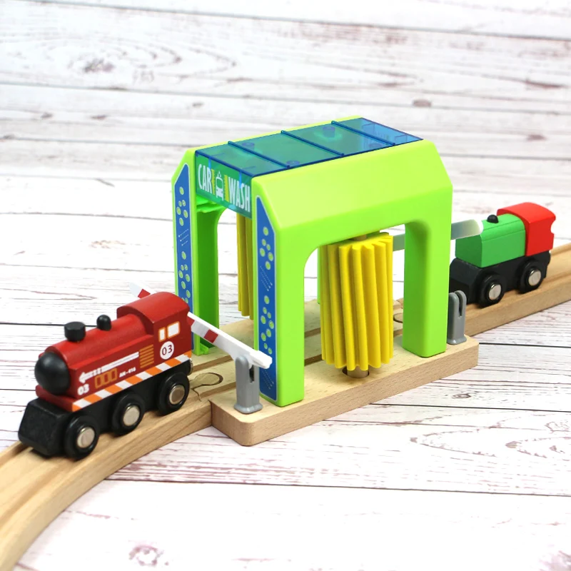 Rail car toy car wash rail car set train scene children fire station police station simulation toy compatible with wooden track 3