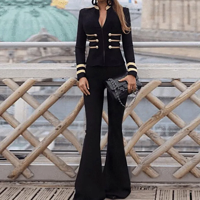 

2019 Autumn Winter Women Set Slim Short Trench Jacket Flare Pants Suit Front Zip Celebrity Party Club Long Sleeve Coats Sets