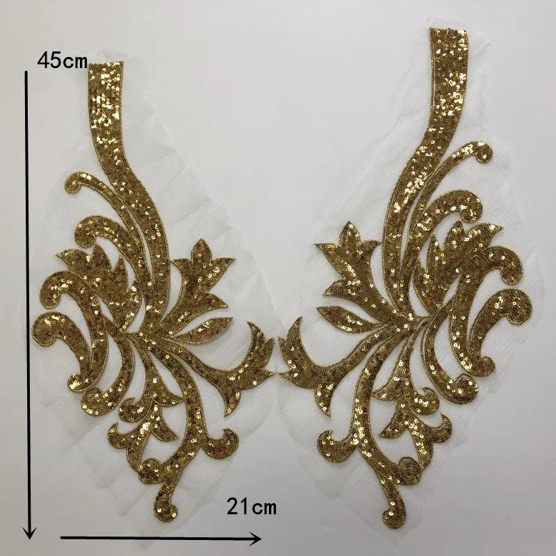 

1 pair of embroidered appliques for sewing sequined patch big size net fabric collar lace wedding dress accessories DIY quilting