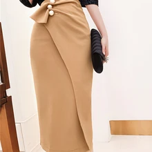 Ретро Высокая талия перламутровые пуговицы одна деталь Мода Дикий пакет бедра юбка дамы весна плиссированные нерегулярные рабочее место OL