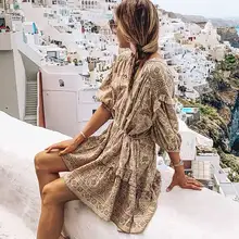 Богемный Вдохновленный женское платье с цветочным принтом, летние платья мини с коротким рукавом и поясом, платье бохо, цыганское повседневное праздничное платье