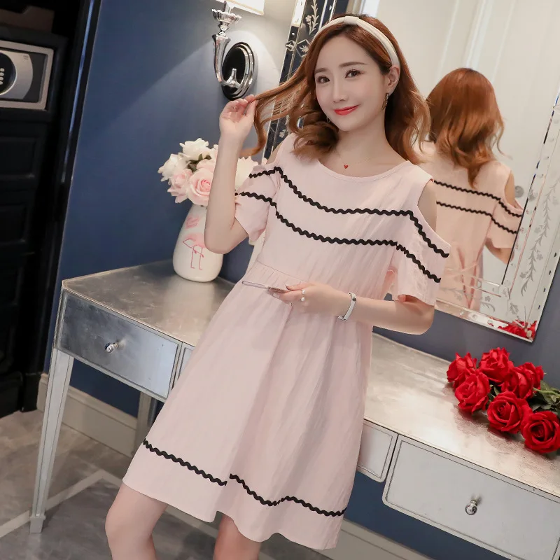 

Pregnant Women Summer Wear Tops 2018 New Style Nursing Dress Mid-length Cotton Blend Summer Large Size Short Sleeve off-Shoulder