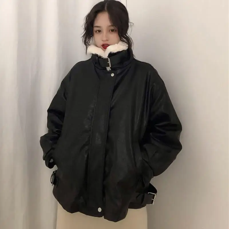 

Warm WoMen Winter Velvet Leather Jacket Female Short Lapels Fur Thick Korean Plus Velvet Jacket Casual Nice Bomber Jacket