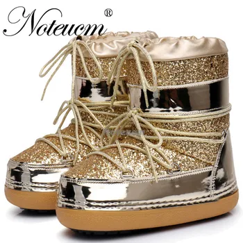 

Women winter ankle Gold Silver glitter sequin snow boots shoe with Lined faux fur hair for female Space quilt bling scarpe donna
