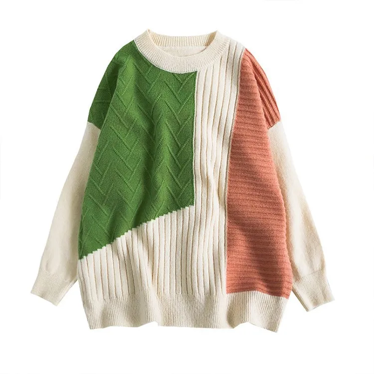 

2019 Autumn O-Neck Long Sleeve Sweater Women Knitted Pull Femme Winer Women Color Patch Sweater And Pullovers Femme Tricot
