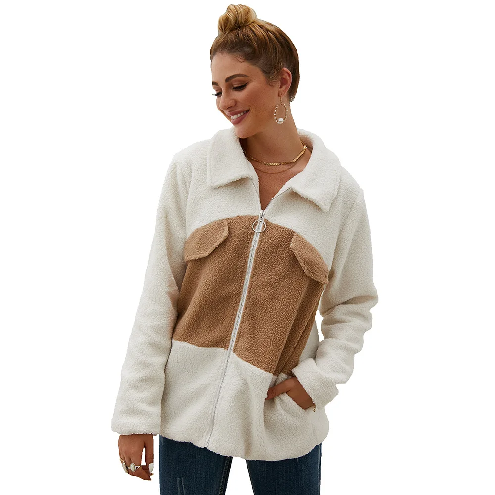 

Echoine Women's jacket autumn winter fur color matching coat plush shirt female Tops Cute splice Fluffy