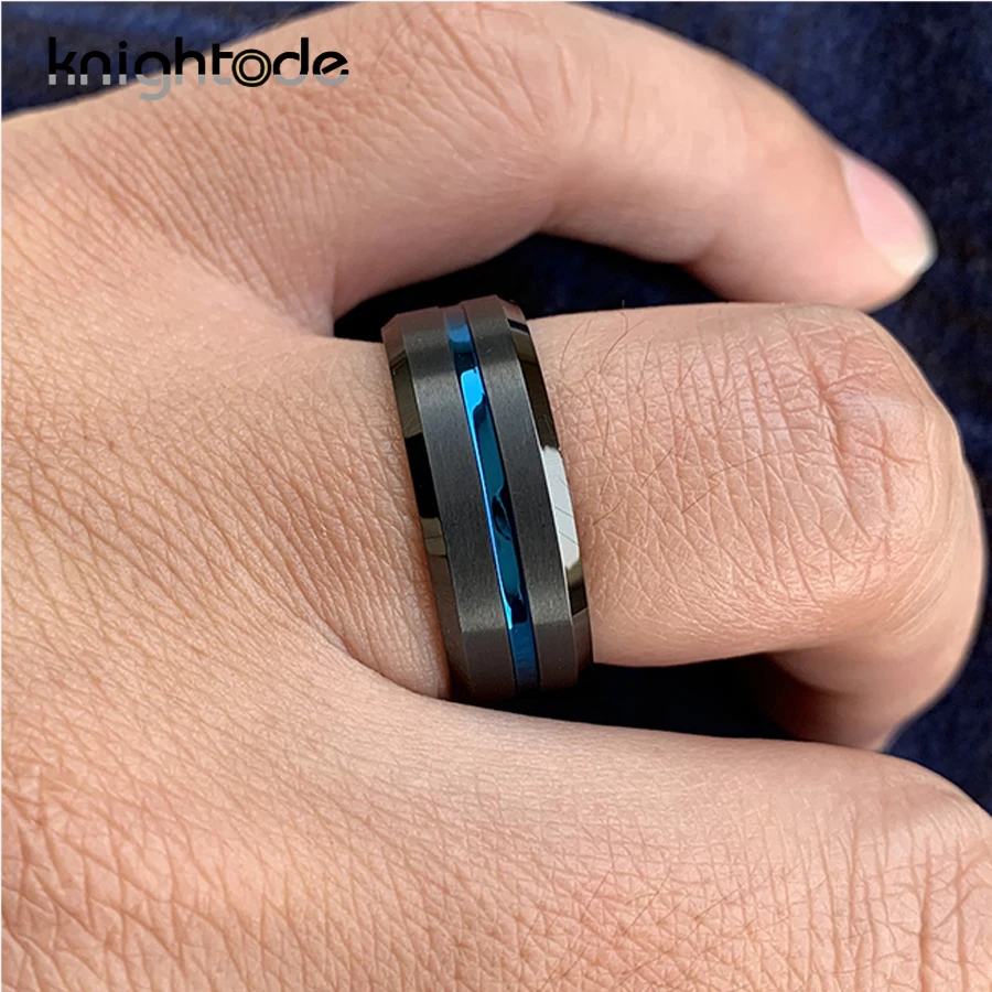 8mm Blue Wedding Ring Men Women Black Tungsten Carbide Engagement Rings Satin Grooved Beveled Comfort Fit