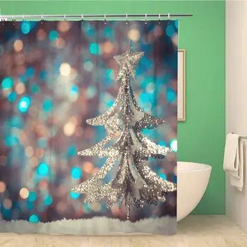 

Bathroom Shower Curtain Blue Light Christmas Retro Tree Toy Over Defocused Green Vintage Polyester Fabric 72x72 inches
