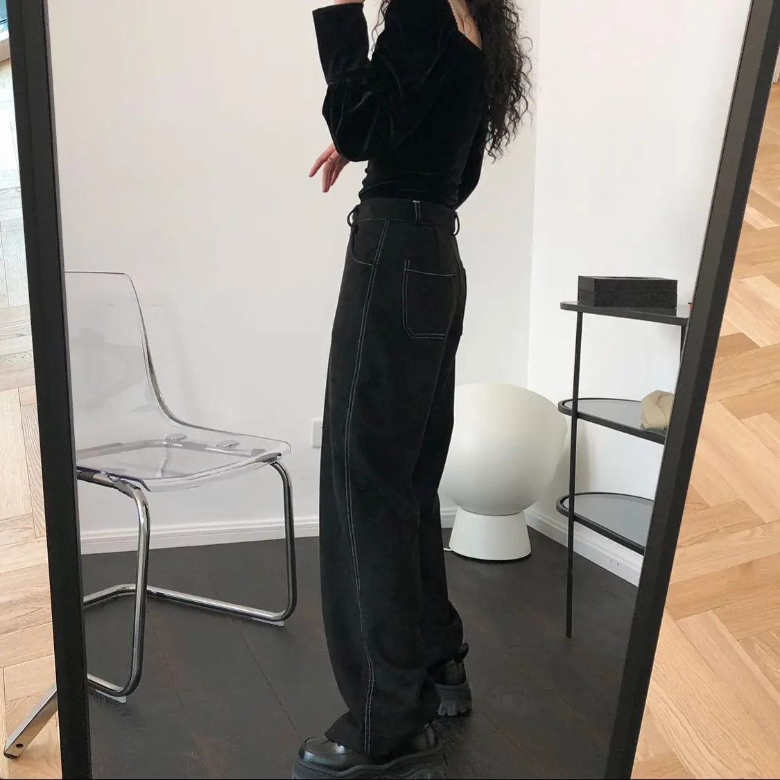 

Spring Black Pants New Retro High-waist Wide-leg Pants Were Thin and High Wild Open-line Black Casual Trousers Women 2020