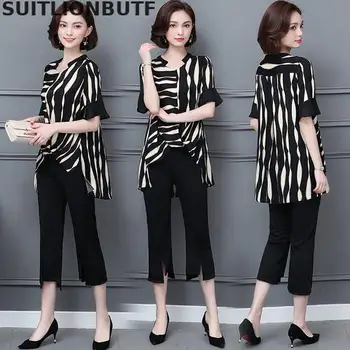 

5xl Plus Size Two Piece Sets Irregular Striped Top And Calf Split Cropped Trousers Women Set Summer Loose Suit Set Black Outfit