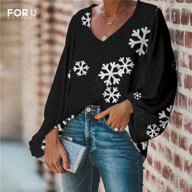 FORUDESIGNS/женские шифоновые блузки с v-образным вырезом, повседневные, с рукавом-шаром, красивые, с принтом снежинки, для девочек, мягкие, вечерние, для улицы, рубашки - Цвет: HMQ112B2