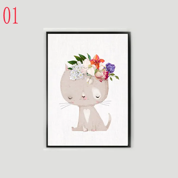 Nordic Style Cute Cartoon Wearing Flower Animal Poster Wall Art Girl Pictures Baby Kids Bedroom Canvas