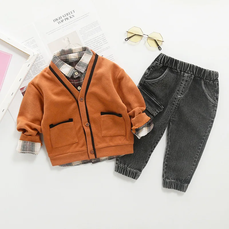

Children Plaid Shirt+Cardigan Coat+pants 3pcs baby Boys clothing set Autumn Coats Trousers Sweater Toddler boy clothes Suit