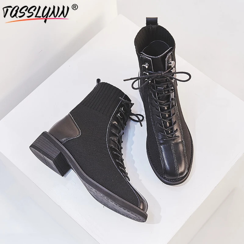 

TASSLYNN 2019 Women Shoes Lace Up Med Square Heels Shoes Women Ankle Boots Round Toe Motorcycle Boots Women Black Size 34-39