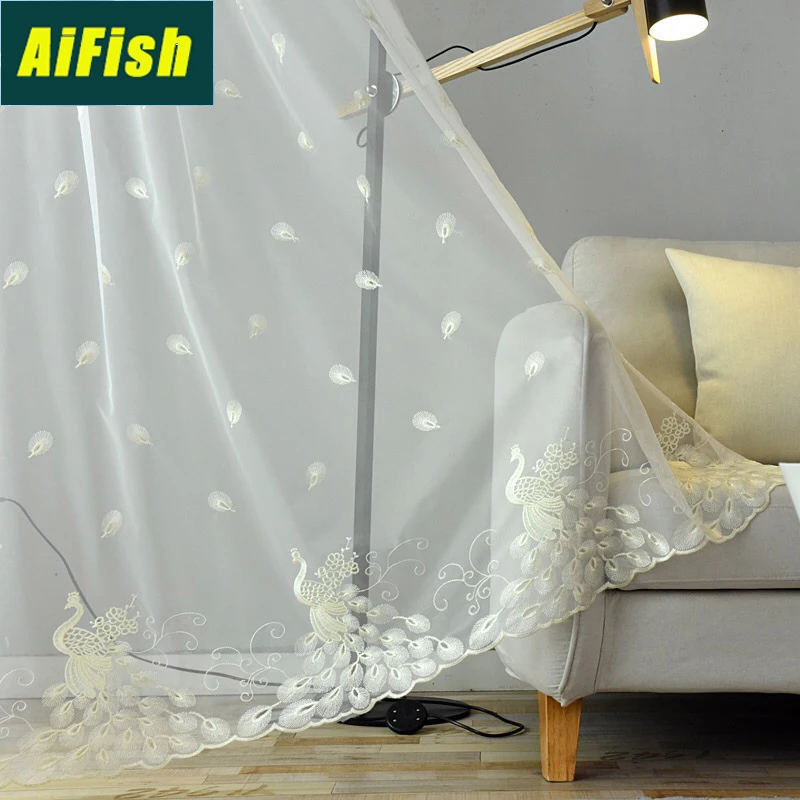

Embroidered Pink Peacock Feather Design Net Sheer Curtains for Living Room Bedroom Blue Beige Curtain Tulle Custom Drapery M0812