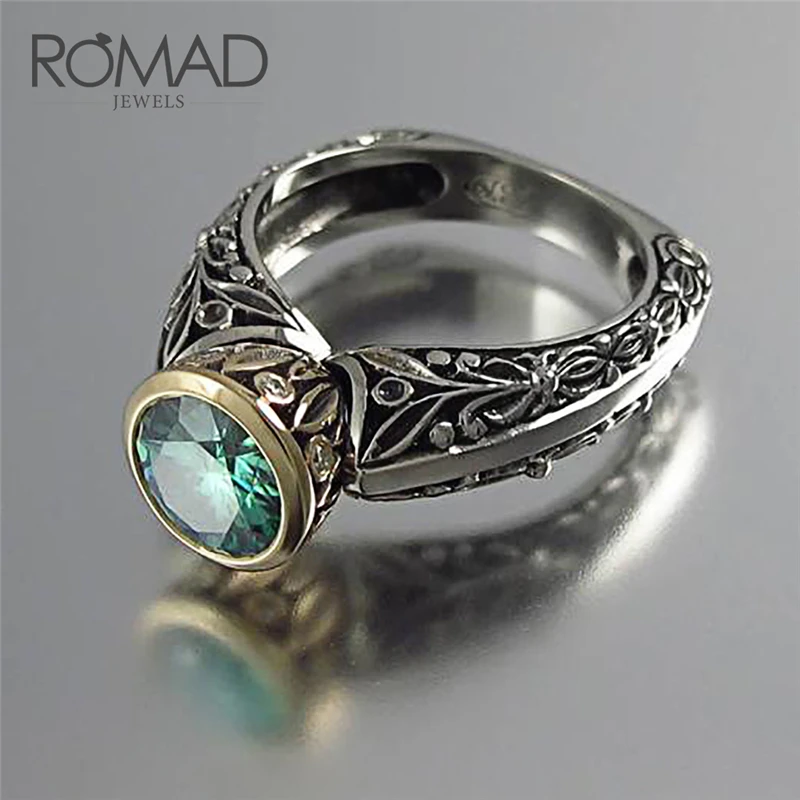 ROMAD, кольцо с зеленым камнем и кристаллами, мужское ретро кольцо с резным узором, цветочный узор, скульптура, кольцо из нержавеющей стали, Трендовое Винтажное кольцо R3