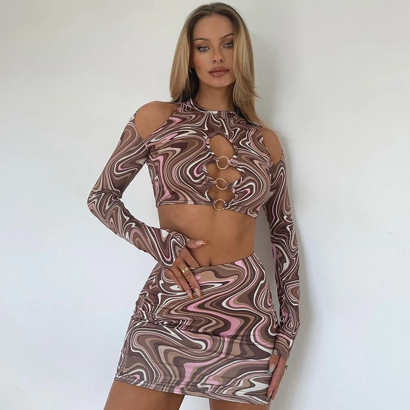 CIBBAR Wave Print Skinny Two Piece Set Women Cut Out Crop Top+Mini Skirt Matching Outfits Sexy Body-Shaping Fashion Hot Clubwear pink sweat suits