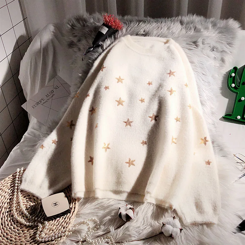 Gaganight мохеровый Блестящий Звездный женский свитер с длинным рукавом черный белый Модный пуловер женский толстый осенний зимний джемпер корейский - Цвет: Белый