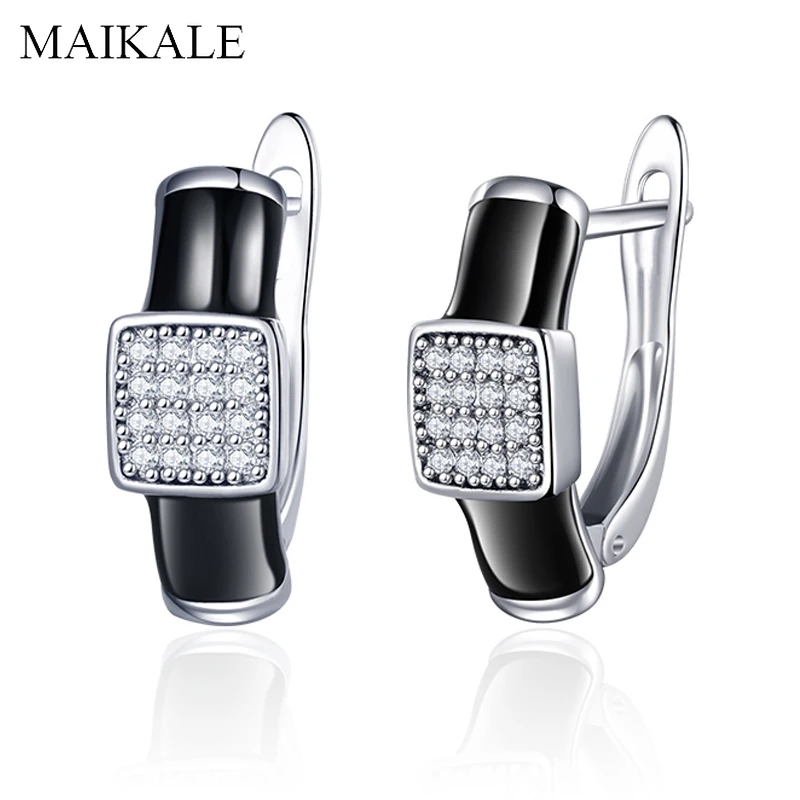 

MAIKALE Classic Square Red/Black Enamel Stud Earring Silver Color Plated Cubic Zirconia CZ Small Earrings for Women Jewelry Gift