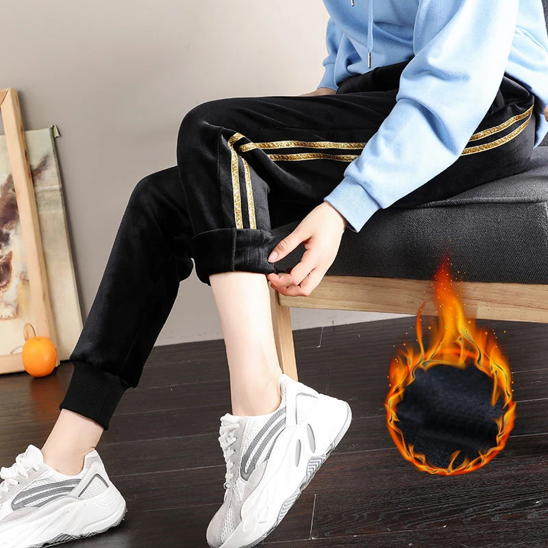 

Gold Striped Women Pants Winter Soft Flannel Pants Warm Female Casual Pants Harem Pants Lined Fleece Autumn Sweatpants