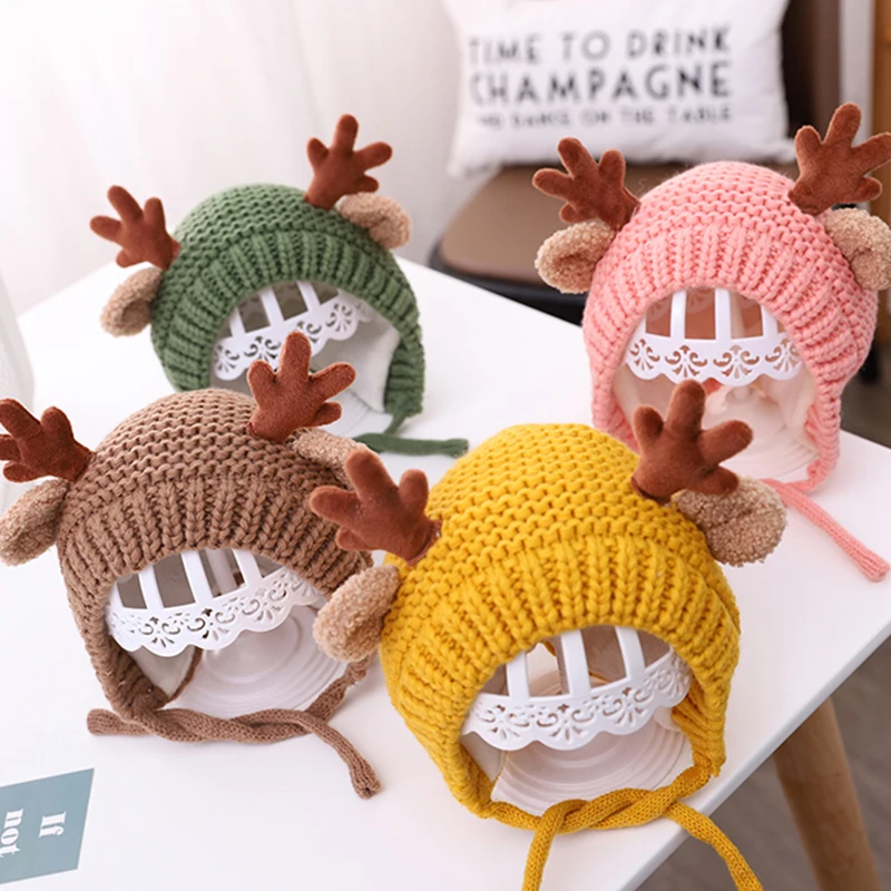 Cute Deer Elk Antlers Baby Hat Winter Warm Plush Knitted Ear Warmer Children Hat Bonnet Boys Girls Cap Beanie Christmas Hats