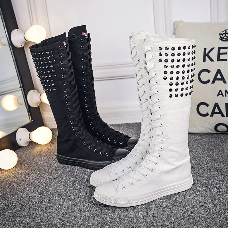 New Spring Autumn Women Shoes Canvas Punk Casual High Top Shoes Long Boots Lace-Up Zipper Comfortable Flat Boots Sneakers