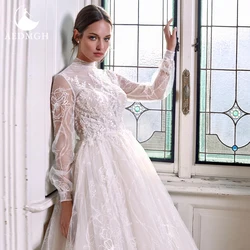 Aedmgh Ball Gown Luxury Wedding Dresses 2021 High Neck Long Sleeve Chapel Train Bridal Gowns Lace Appliques Beaded Bride Dress