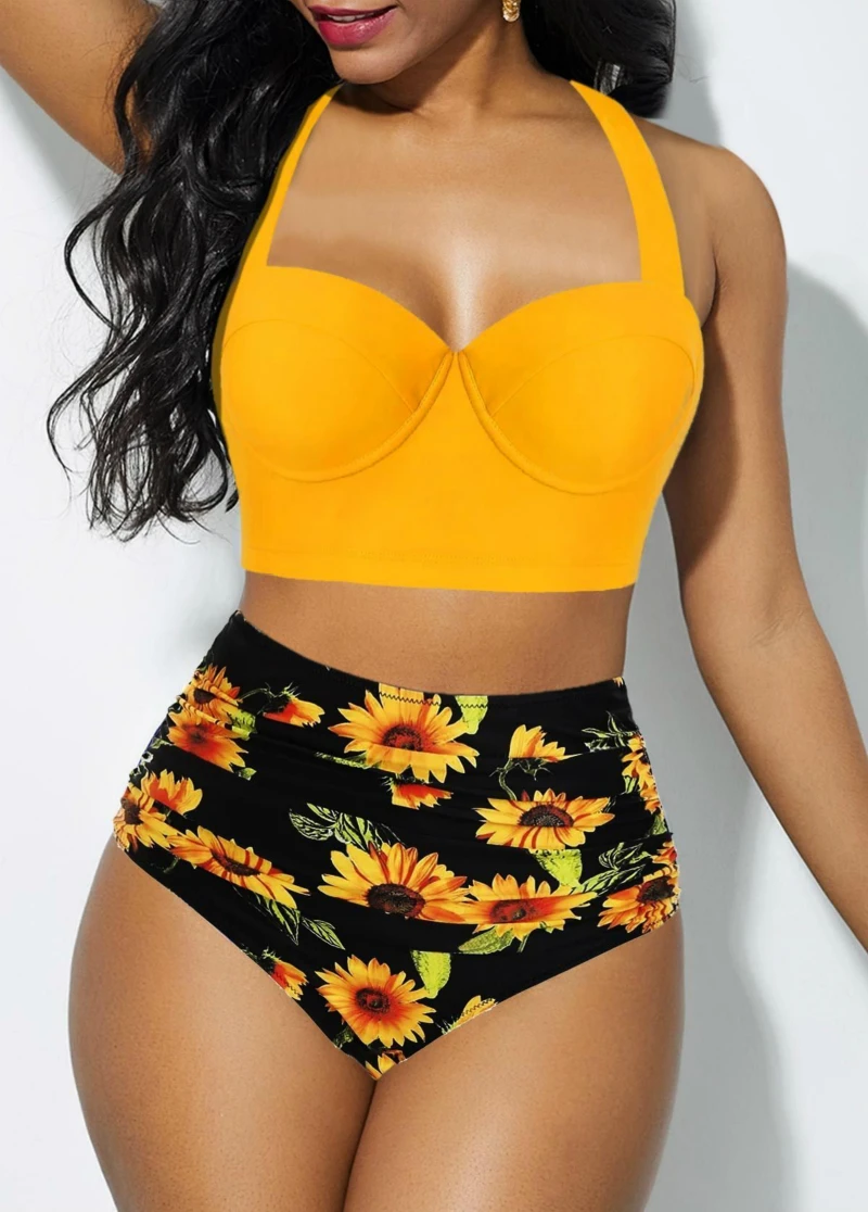 2020 New Sunflower Bikini Set Two Piece Swimsuit Women Bathing Suit Swimwear Beach Wear High Waist Tankini Biquini Plus Size May