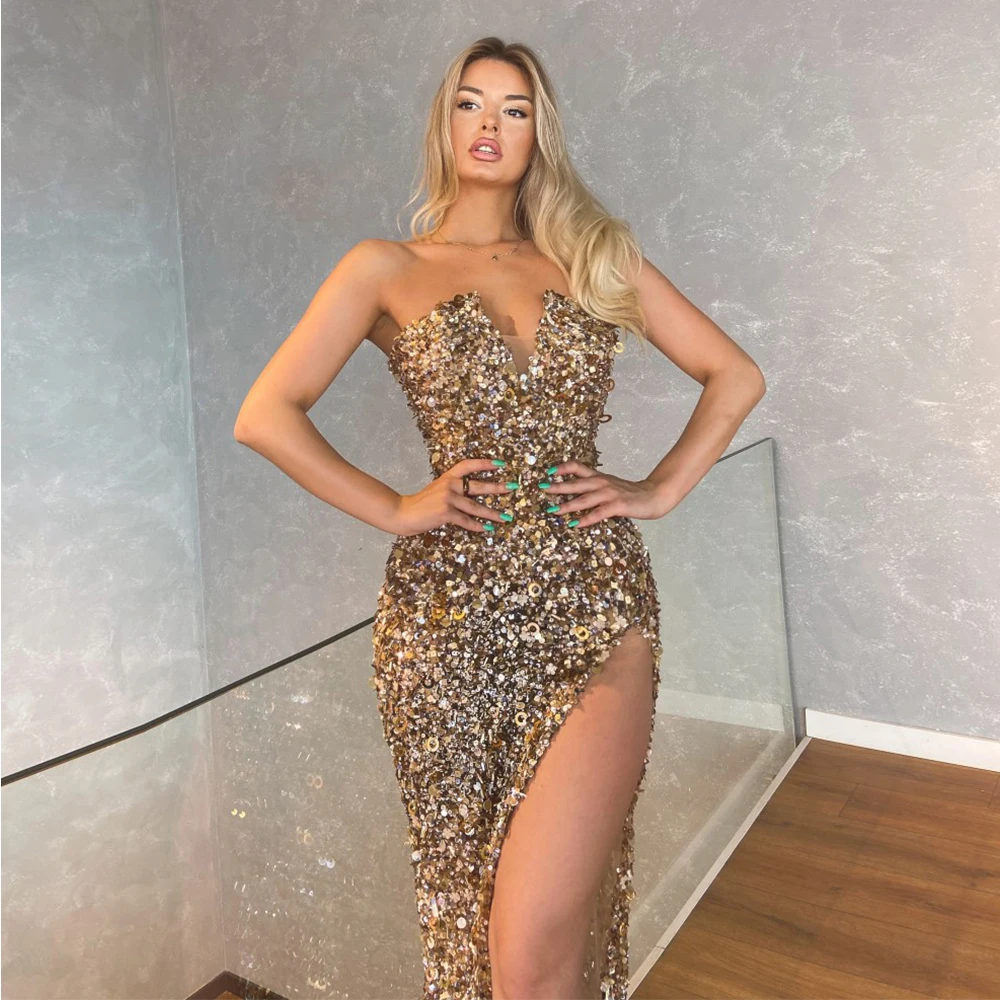 

EOENKKY Gold Evening Dresses 2022 Sparkle Sequin Strapless Party Gowns Sexy Side Split Mermaid Bride Dress High Quality