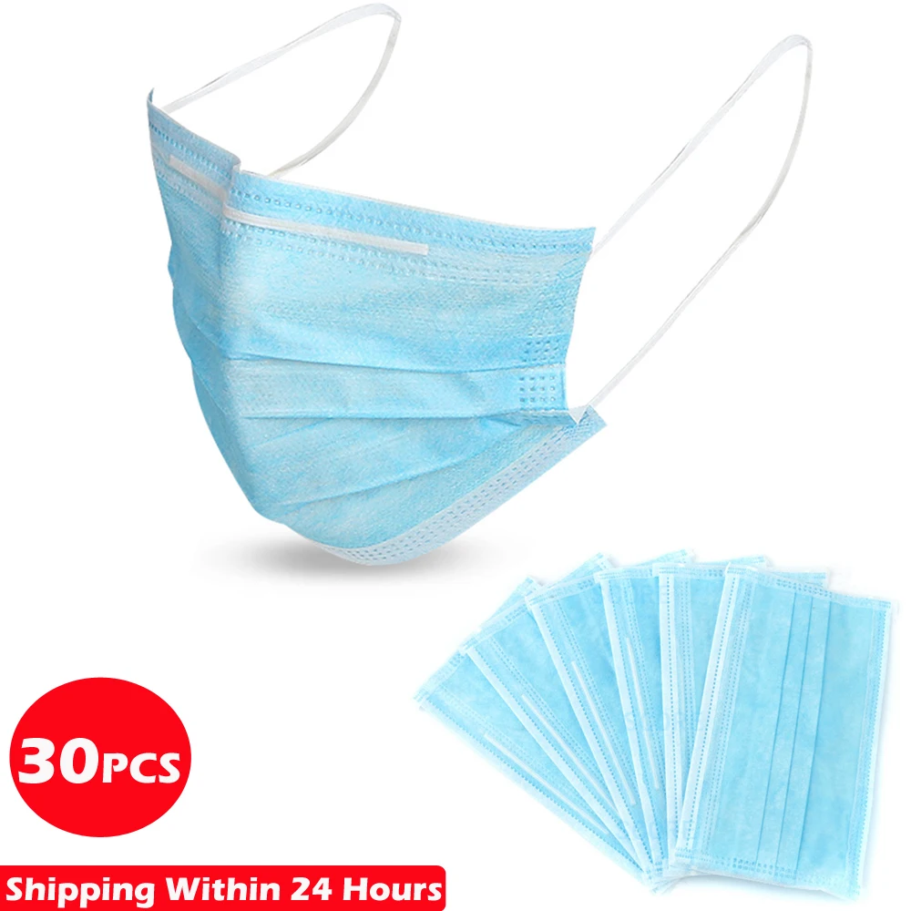 

30PCS Face Masks Anti-dust Virus Disposable Surgical Masks 3 Layer Non Woven Breathable Meltblown Mouth Masks