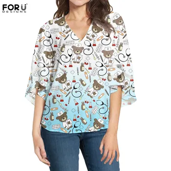 

FORUDESIGNS Cute Doctor Bear Design Women V-neck Blouses Girls Gradient Color Design Bell Sleeves Mesh Panel Loose Chiffon Shirt