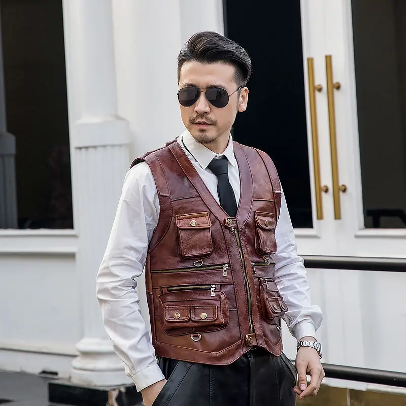 Cowhide Genuine Leather Vest Men Brown Waistcoat Male Sleeveless Jacket Thick High Quality Motorcycle Multi Pocket Zipper | Мужская
