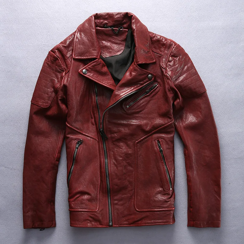 Chaqueta de piel de oveja curtida negra de ajustada roja para hombre, chaqueta de cuero genuino para hombre, chaqueta de motorista a la moda para hombre _ - AliExpress Mobile