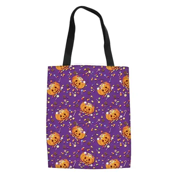 

Pumpkin Ghost Bat Print Purple Tote Bag Handbags For Women Halloween Sugar Skull Girl Shopping Bags Large Capacity Bolsa Tela